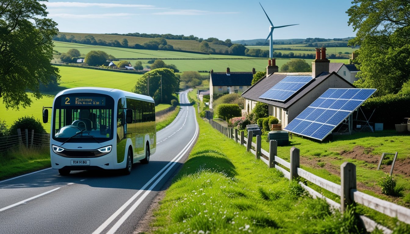 A rural UK landscape with a narrow country road, an electric vehicle, solar panels on a building, and a wind turbine in the background surrounded by green fields and trees.