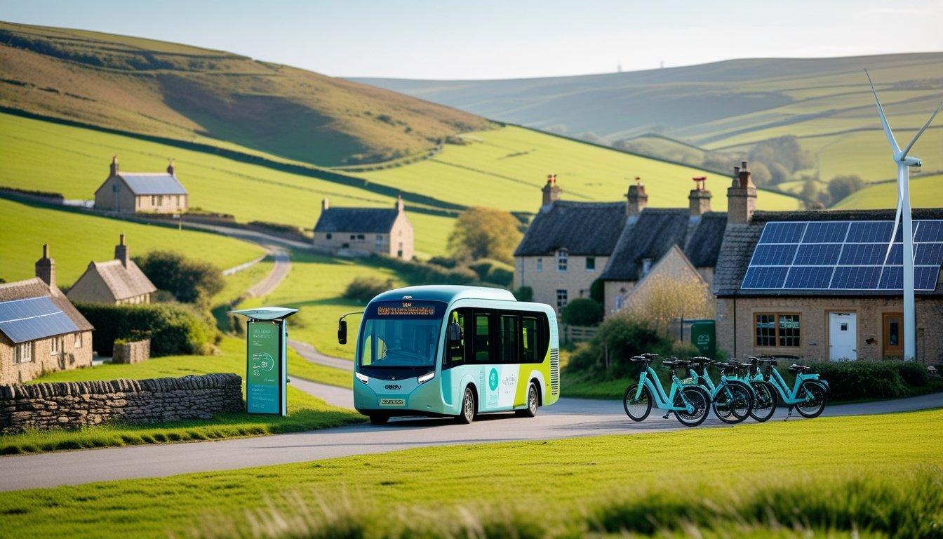 A rural UK countryside scene with green hills, an electric bus at a small bus stop, electric bikes parked nearby, solar panels on roofs, and a wind turbine on a hill.