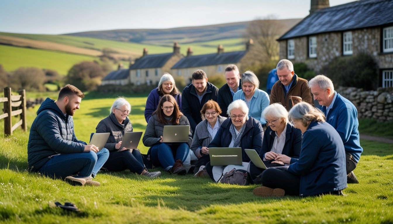 A group of people in a UK rural area using laptops and tablets outdoors near countryside cottages, learning digital skills together.