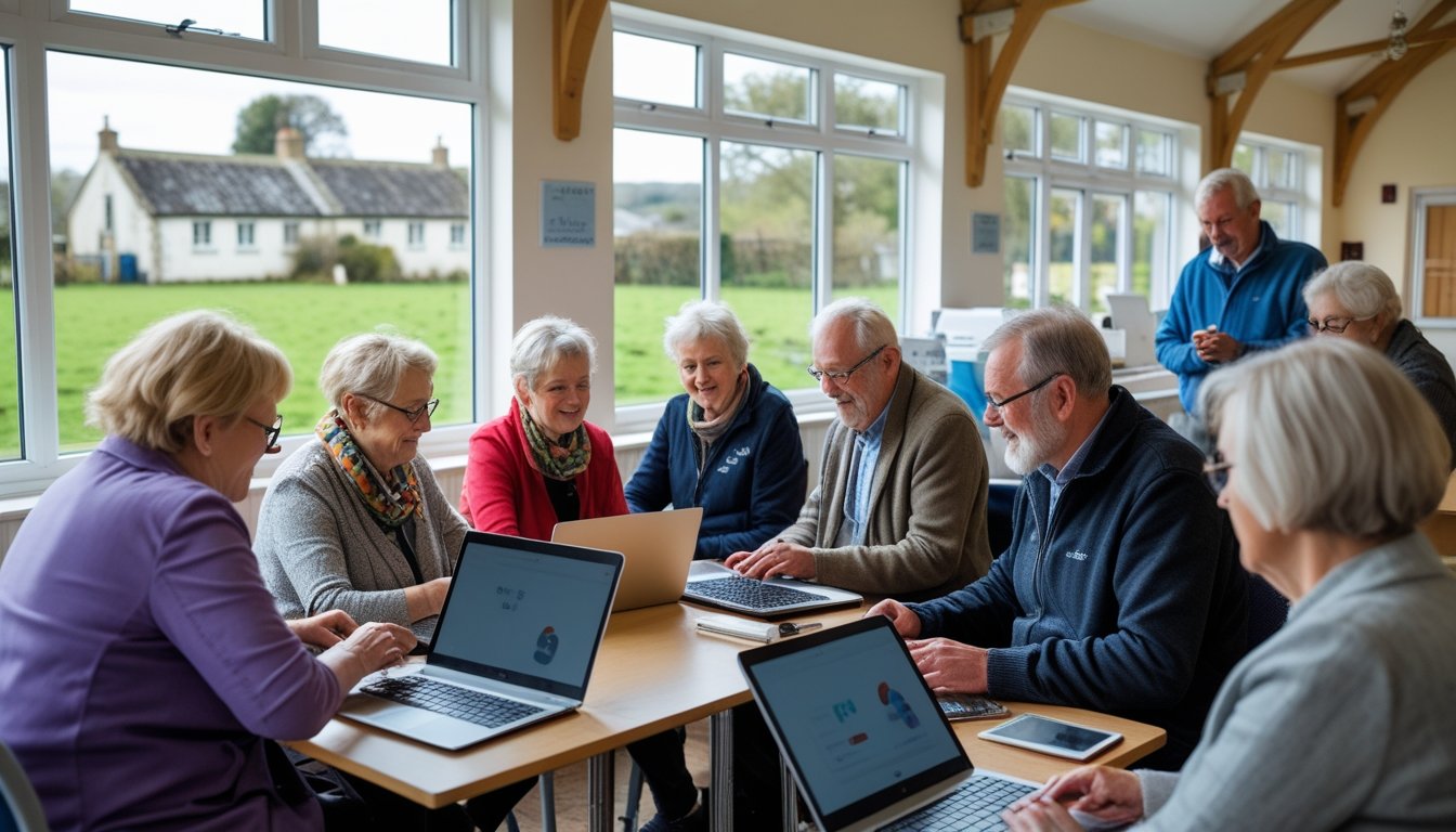 A group of people in a rural community centre learning to use laptops and tablets together.