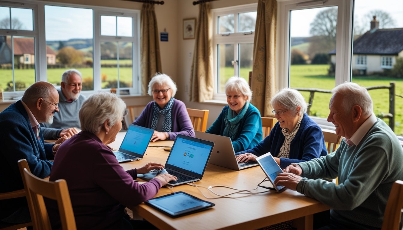A group of people in a rural community centre learning to use digital devices together.