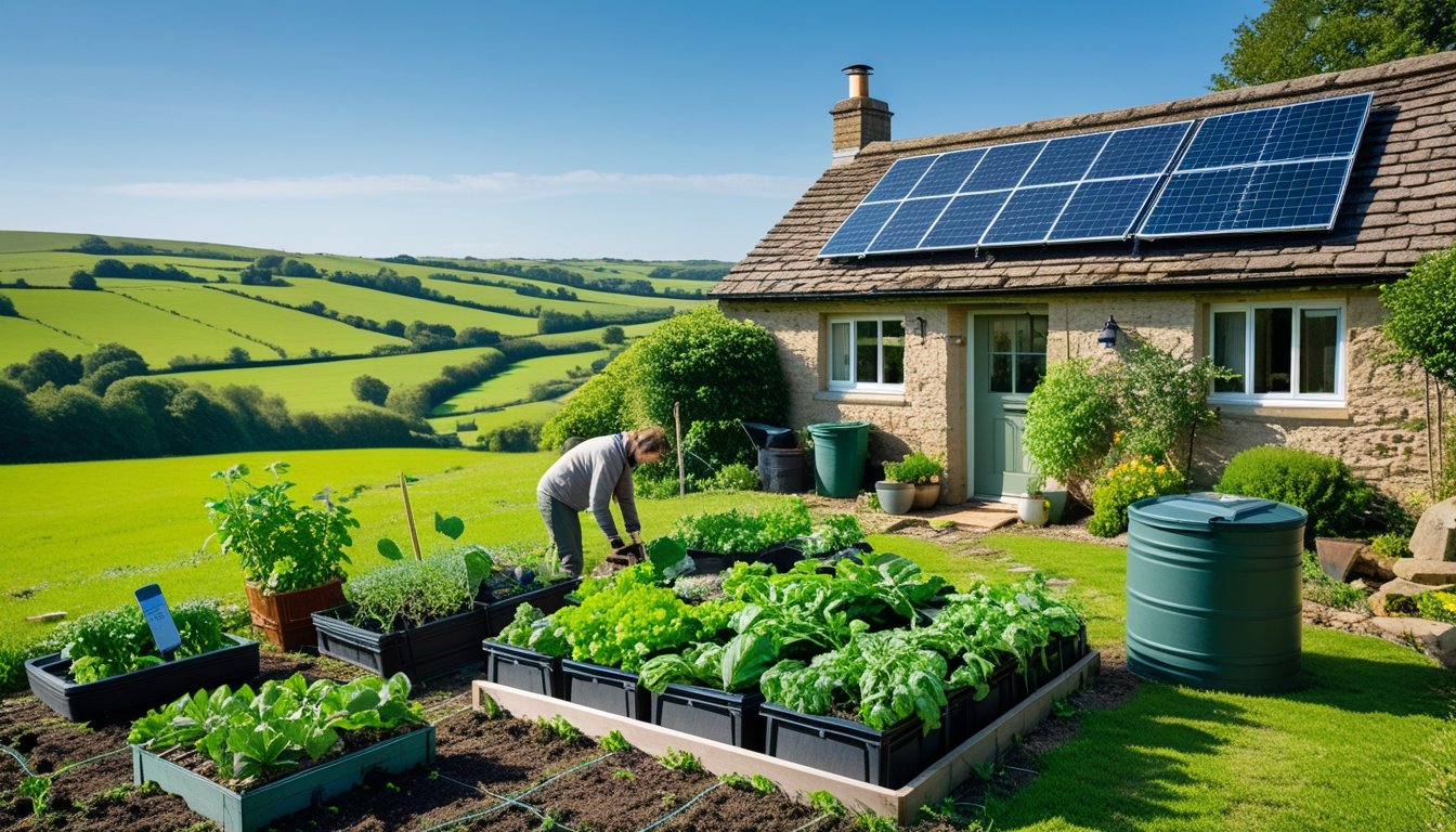 A rural cottage in the UK countryside with a vegetable garden, solar panels on the roof, and a person tending to plants.