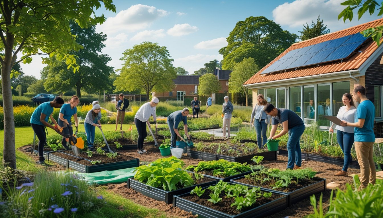 A diverse group of people working together outdoors in a green community garden with trees, solar panels, and eco-friendly installations.