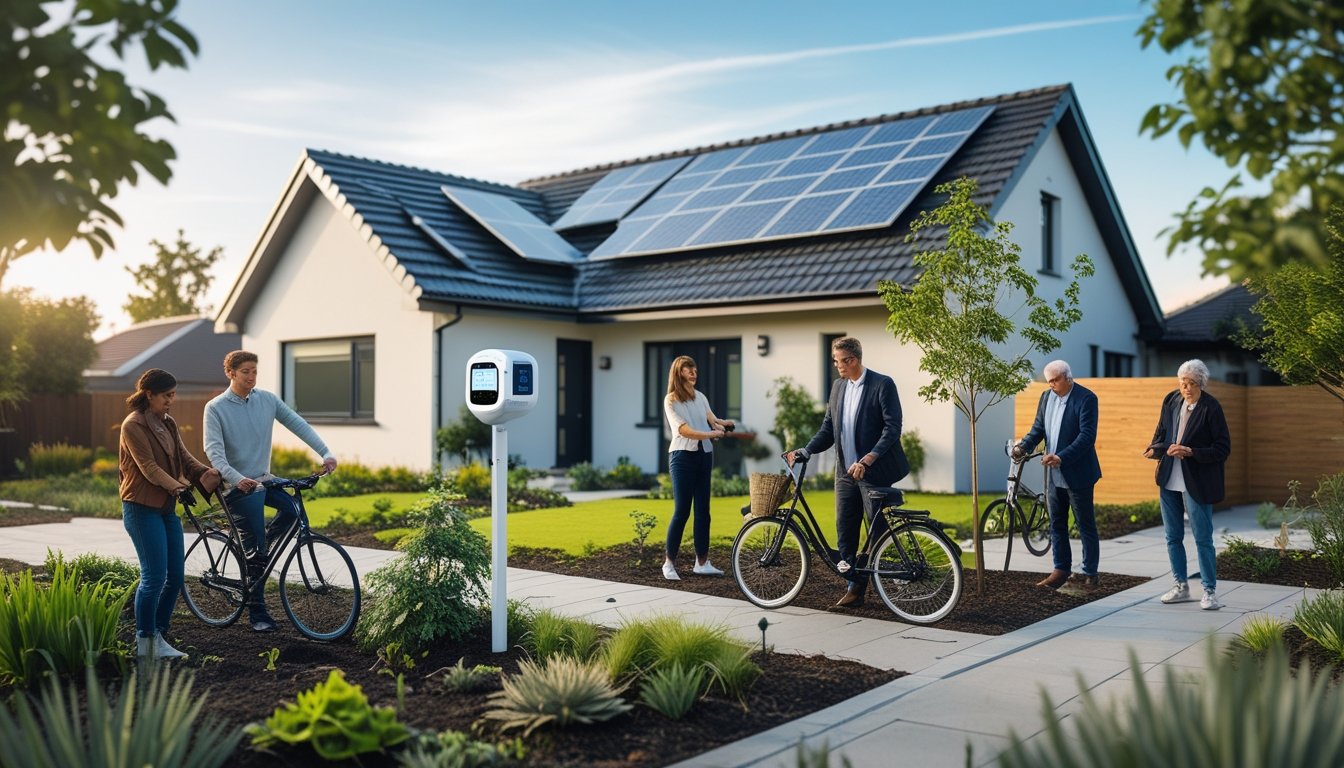 A modern eco-friendly home with solar panels, surrounded by greenery, with people planting trees and using a bicycle in a British suburban neighbourhood.