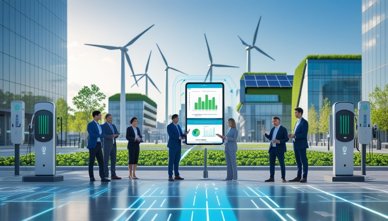A modern UK city with energy-efficient buildings, solar panels, wind turbines, and professionals discussing data on a digital tablet outdoors.