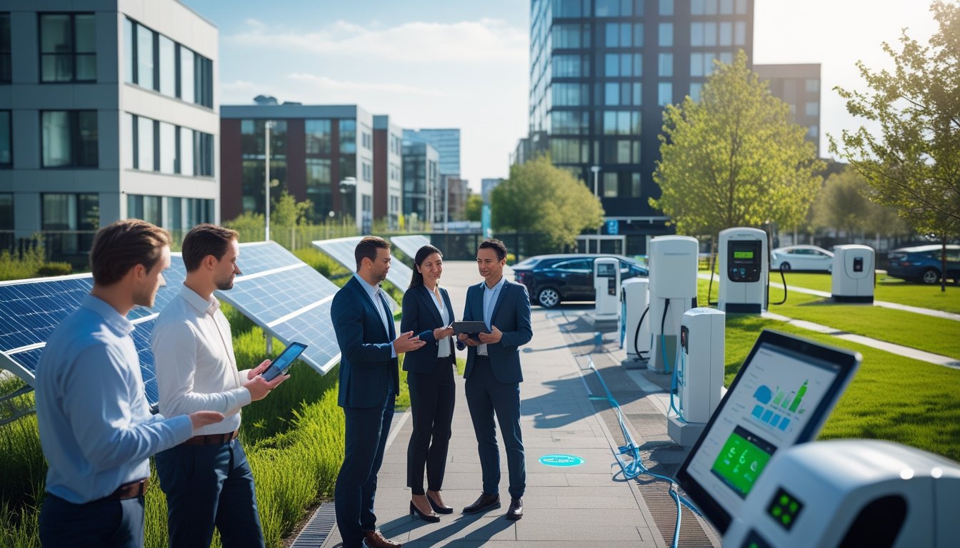 A group of professionals discussing energy data in a modern UK city with solar panels, electric vehicle charging stations, and green spaces visible.