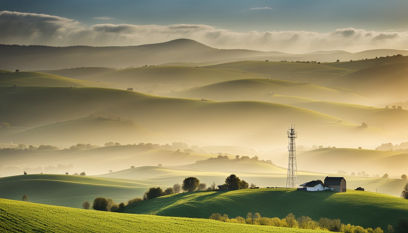 A rural landscape with rolling hills, a small village, and a wireless network tower in the distance. The scene is peaceful and serene, with a focus on the technology improving connectivity in the countryside
