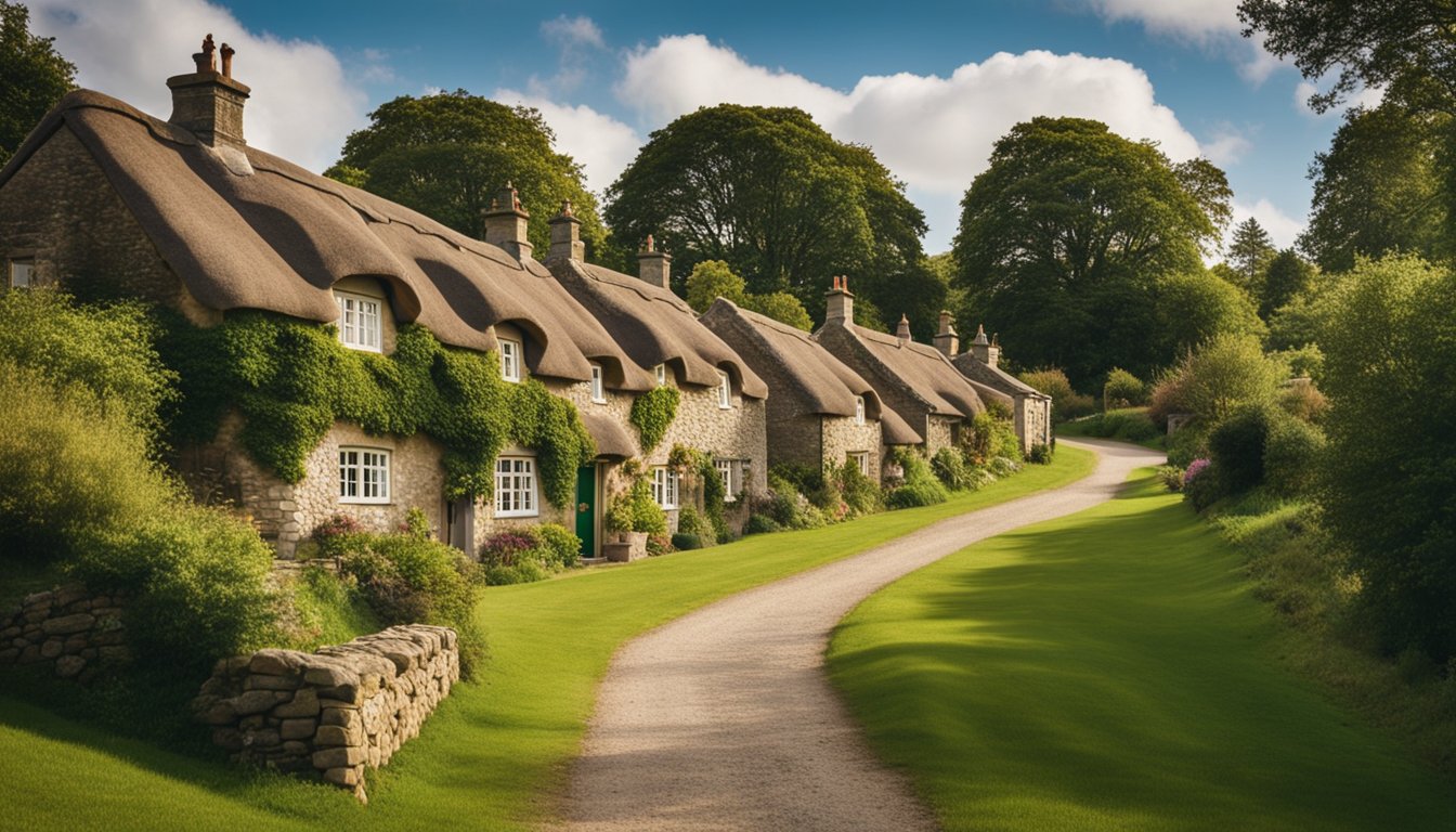 Rolling green hills with quaint stone cottages, winding country lanes, and grazing sheep. A cozy pub with a thatched roof nestled in a picturesque village