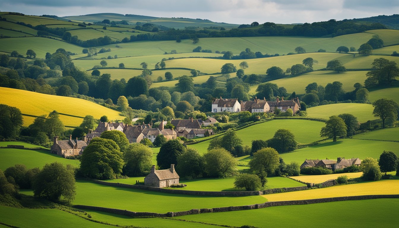 A quaint village nestled in the rolling hills of rural UK, with charming cottages, winding country lanes, and peaceful meadows