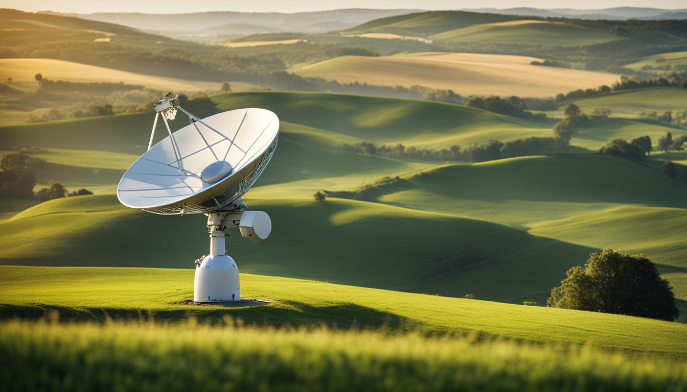 A rural landscape with a satellite dish connected to a data management system, surrounded by rolling hills and farmland