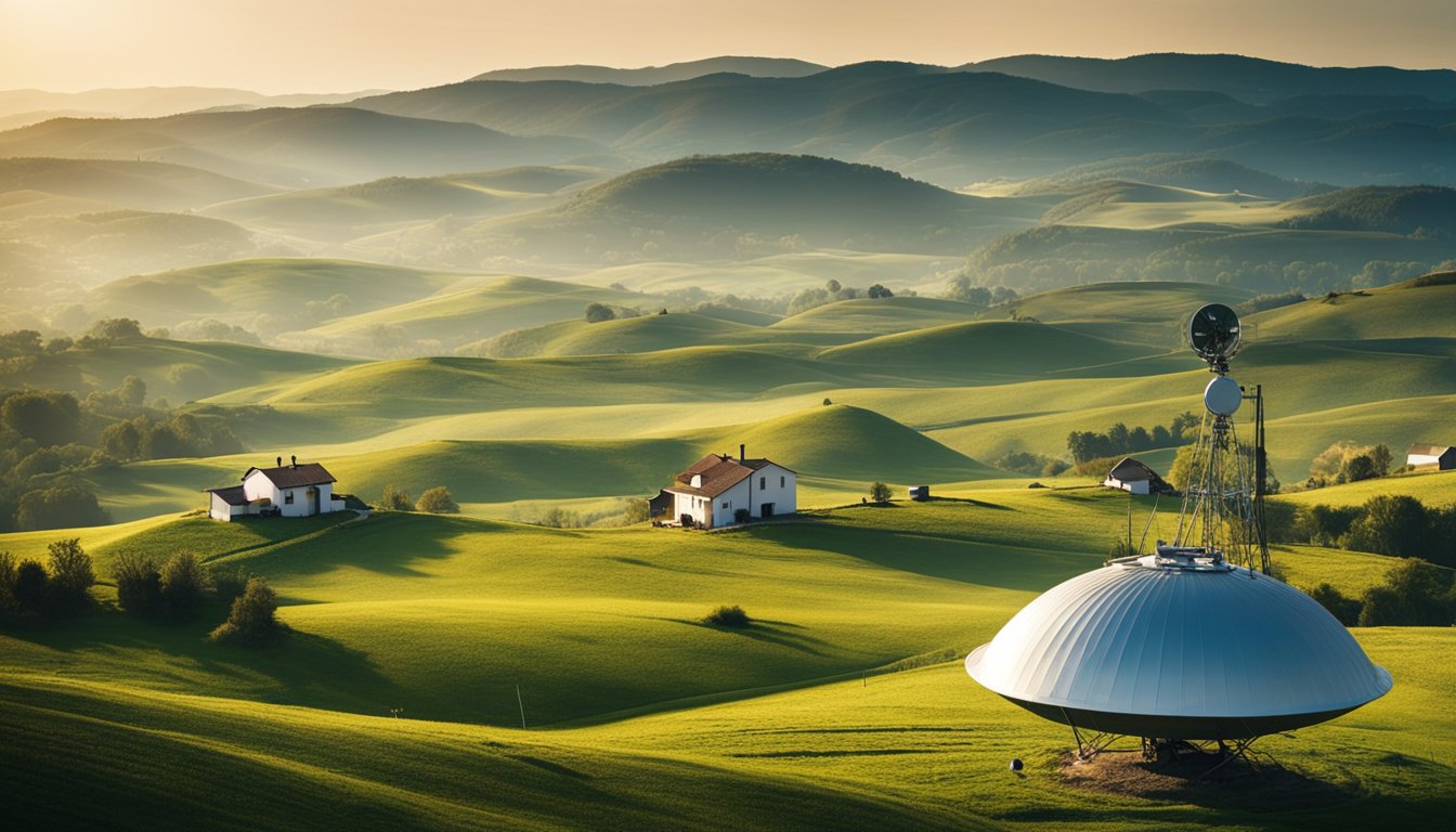 A rural landscape with a small village surrounded by rolling hills, with a satellite dish on top of a house and a data tower in the distance