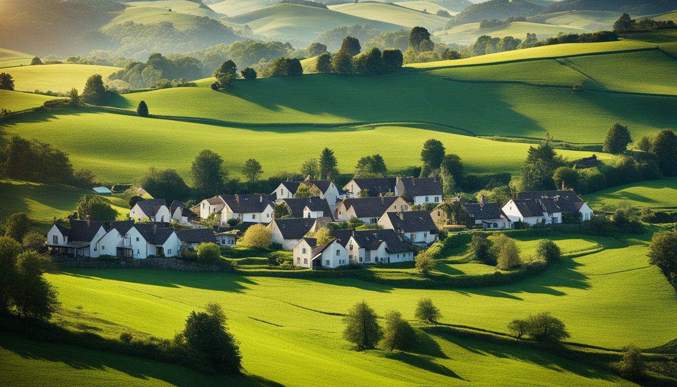 A rural landscape with a small village nestled among rolling hills, featuring a mix of traditional cottages and modern homes with satellite dishes and high-speed internet equipment