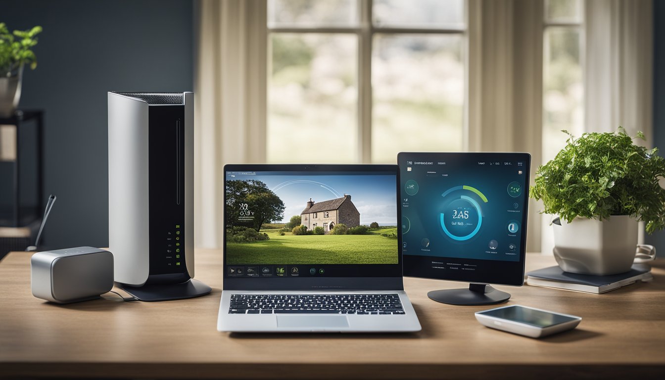 A rural UK home with multiple devices connected to a router. Varying internet speeds are indicated by different devices