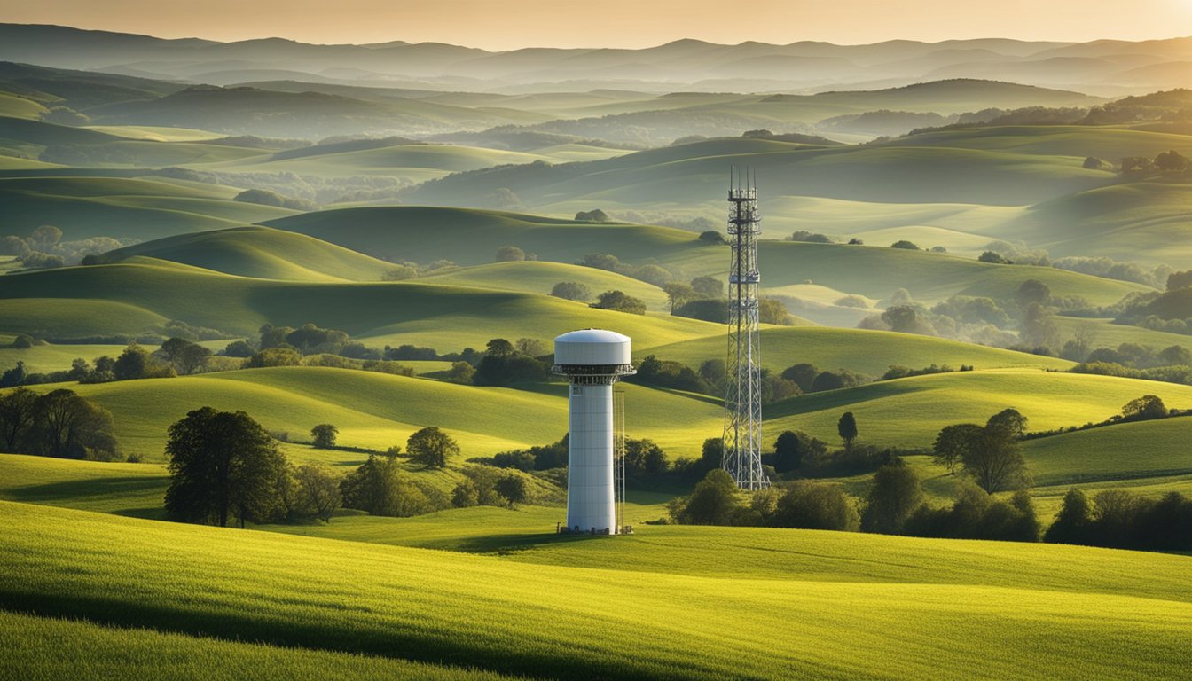 A countryside landscape with a modern internet tower surrounded by rolling hills and farmland. Security measures like firewalls and encryption are symbolically represented through digital locks and shields