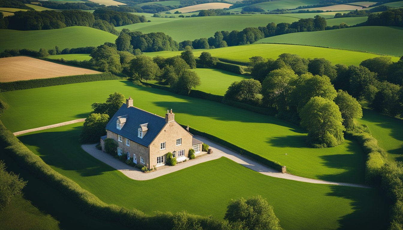 A rural UK farmhouse with a secure Wi-Fi network, surrounded by green fields and a clear blue sky. A lock icon symbolizing cybersecurity hovers above the house