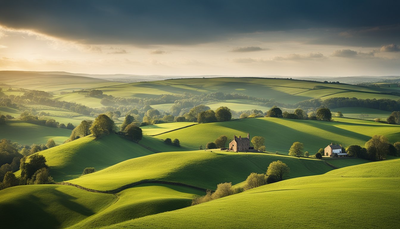 Rural England: rolling green hills, quaint villages, and modern internet connectivity. Government initiatives bring high-speed internet to remote areas, opening doors for economic growth and innovation