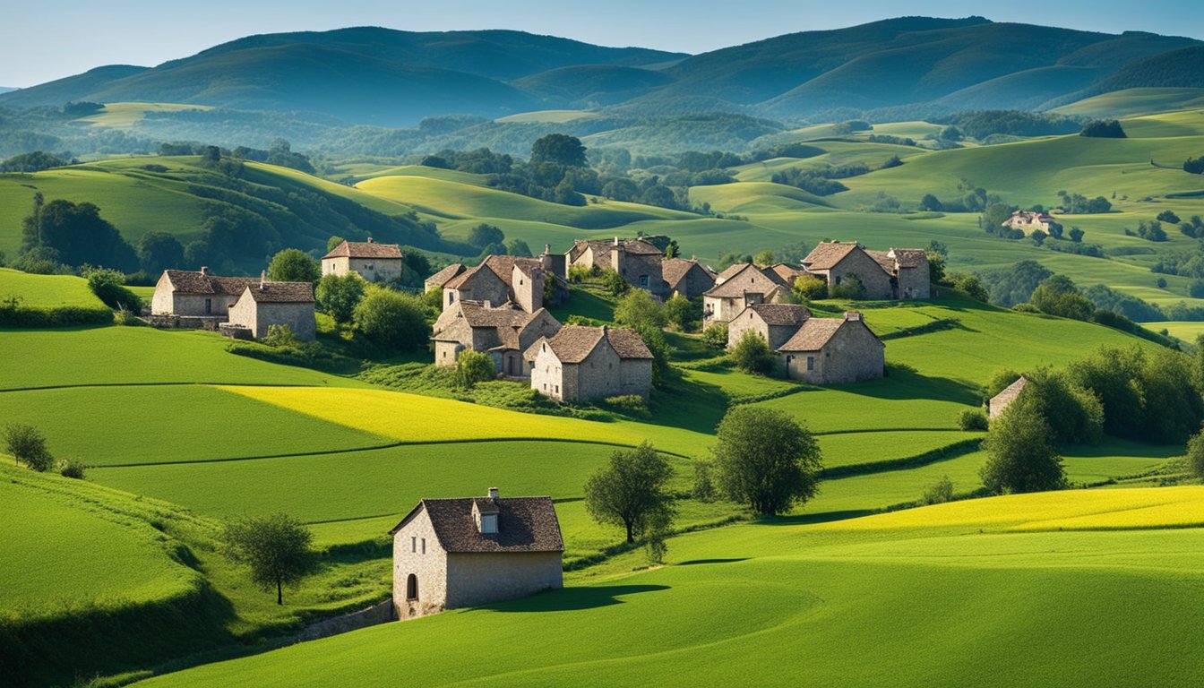 A countryside landscape with a small village, rolling hills, and a clear blue sky. A mix of traditional and modern infrastructure, such as satellite dishes and fiber optic cables, can be seen connecting the area