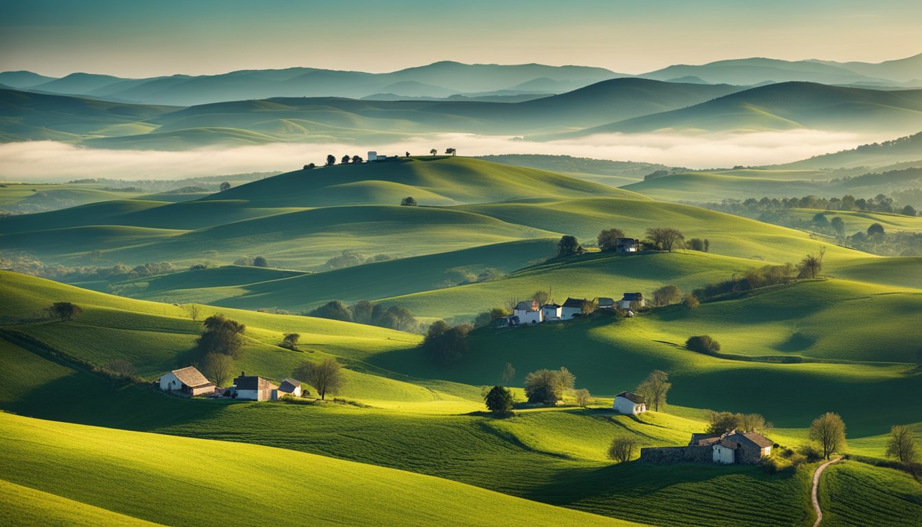 A rural landscape with digital infrastructure: rolling hills, small villages, and scattered internet towers. The challenges of connecting remote areas are evident in the scene