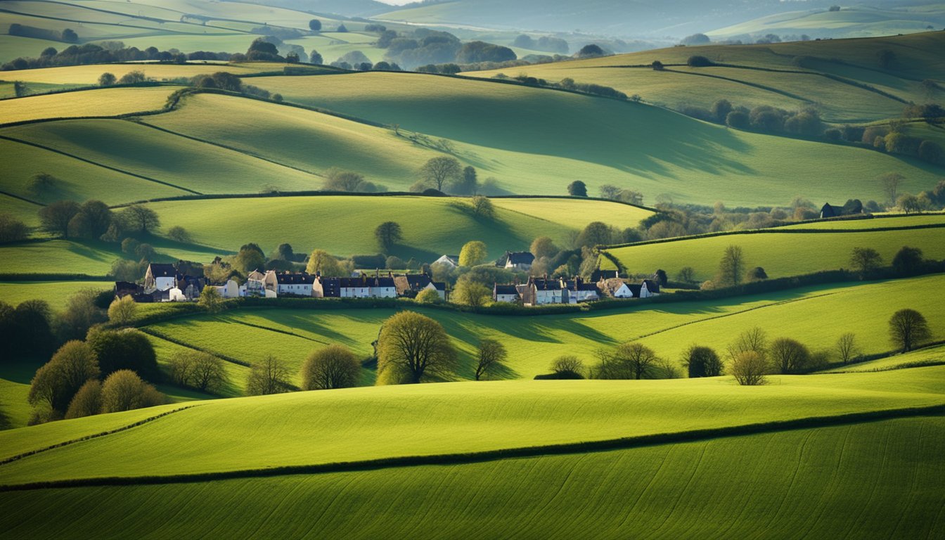 A rural UK landscape with rolling hills, scattered farmhouses, and a mix of traditional and modern infrastructure, including telephone poles and fiber optic cables