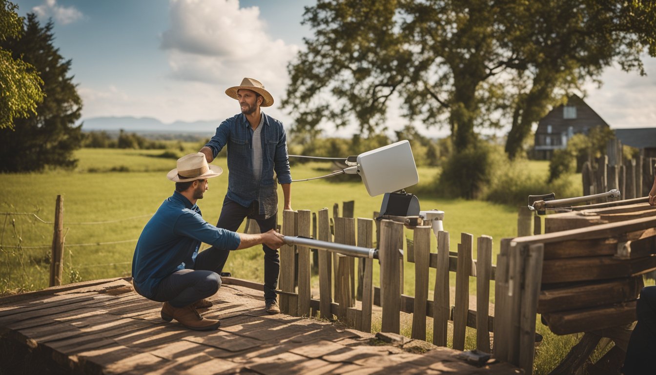 A farmer installs a new Wi-Fi router on a wooden fence post while a technician adjusts a satellite dish on the roof of a quaint cottage