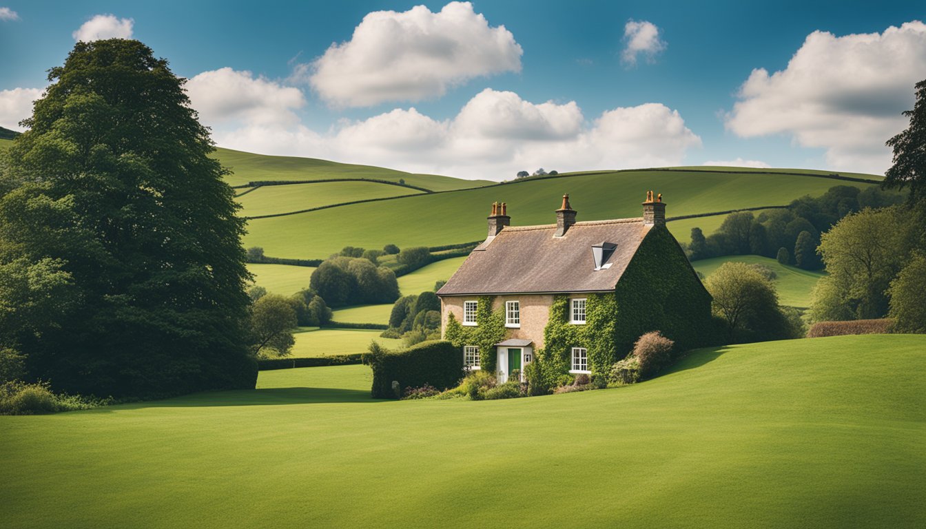 A rural UK landscape with a satellite dish on a house, surrounded by rolling green hills. A clear blue sky and a few fluffy white clouds overhead