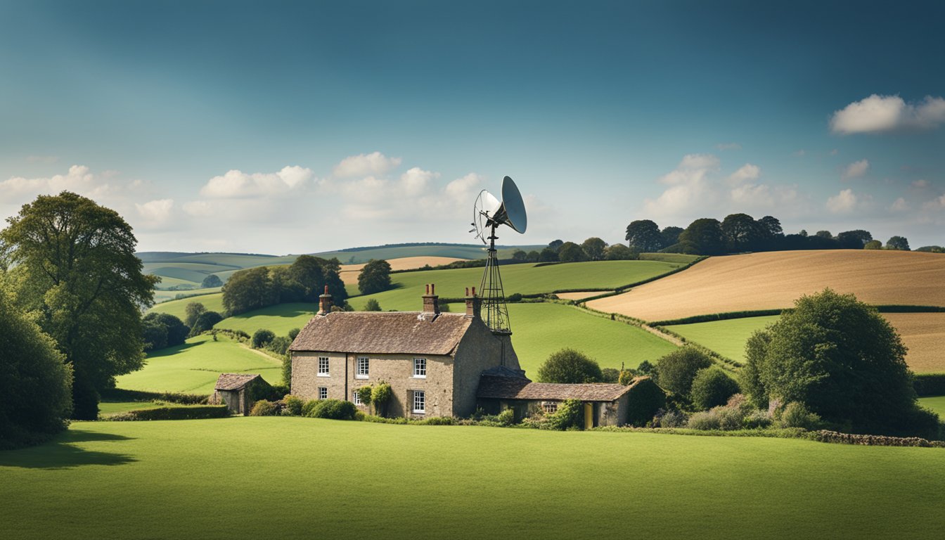 A rural UK landscape with a rustic farmhouse, rolling green hills, and a clear blue sky. A satellite dish is prominently displayed on the roof, symbolizing improved internet speed