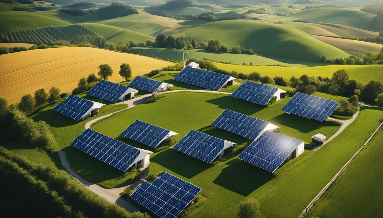 A rural landscape with rolling hills and scattered farmhouses, dotted with modern technology such as solar panels, wind turbines, and high-speed internet infrastructure