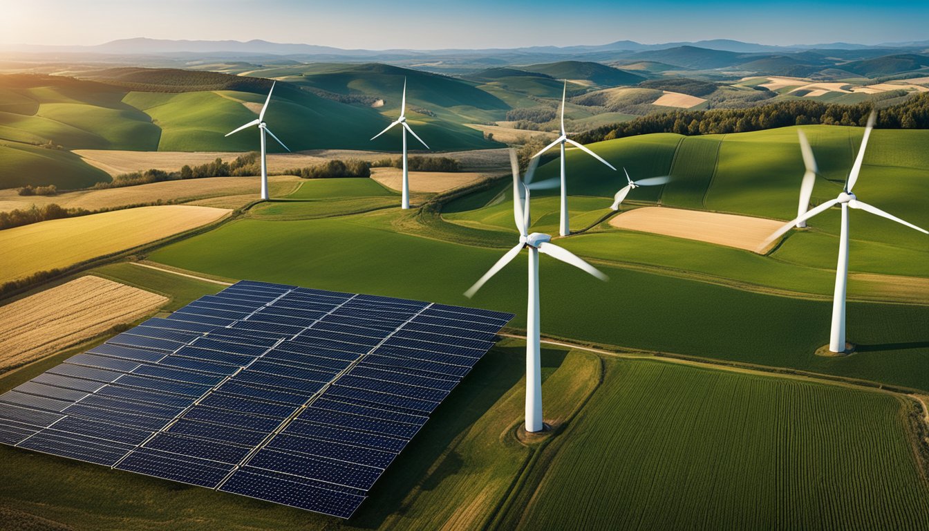 A rural landscape with modern technology: wind turbines, solar panels, and high-speed internet towers amidst rolling hills and farmland