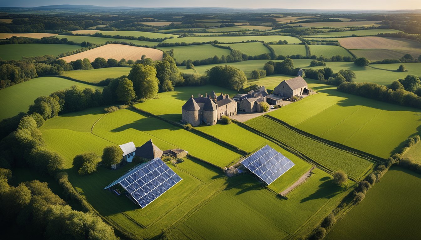 A rural UK landscape with modern technologies like drones, solar panels, and high-speed internet towers emerging among traditional farm buildings