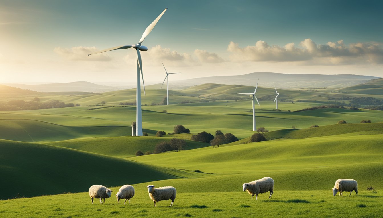 Rolling green hills with scattered sheep. A farmer uses a tablet to track livestock data. A wind turbine spins in the distance