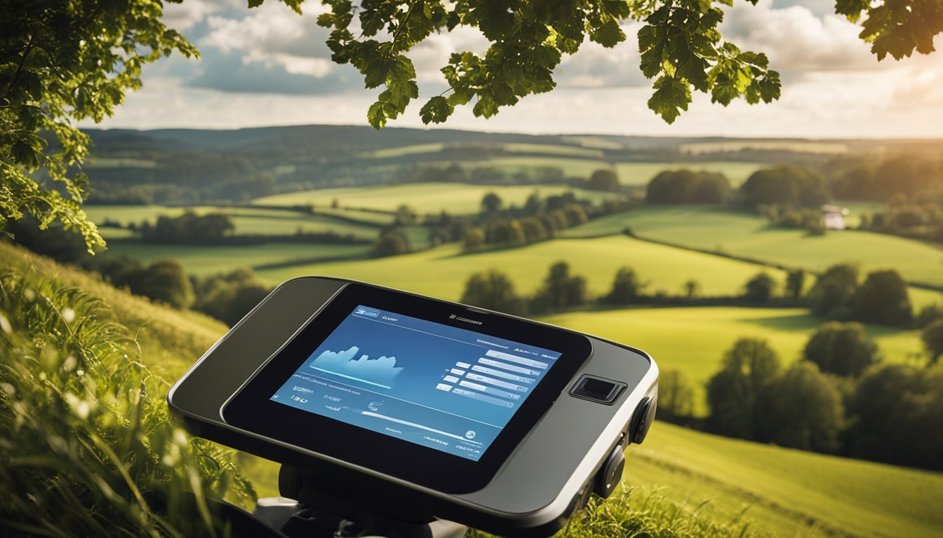 A rural landscape with modern technology integrated into infrastructure, showcasing data collection and usage for rural advancement in the UK