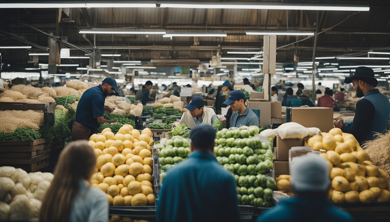 A bustling rural marketplace with farmers using digital devices to track sales and inventory. Data-driven decisions improve economic growth