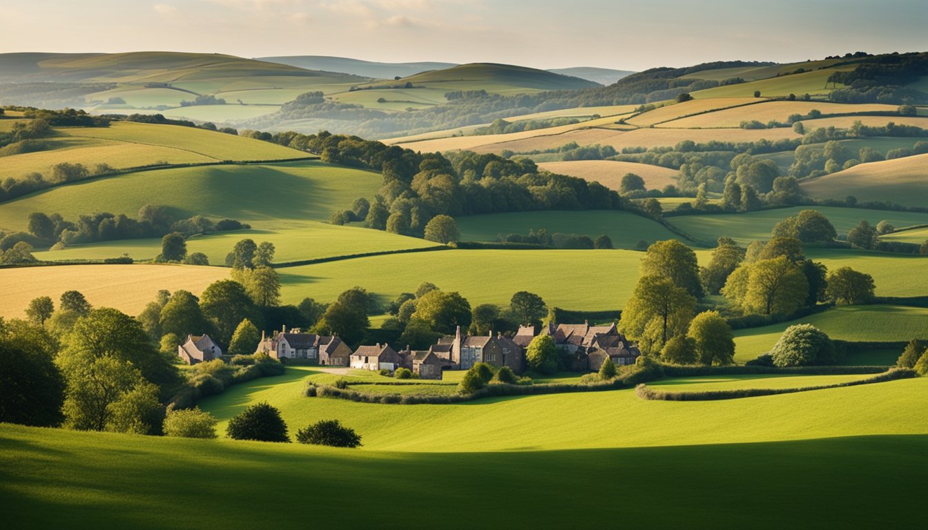 A serene countryside landscape with rolling hills, a quaint village, and a clear blue sky, showcasing the peaceful and idyllic setting of rural UK