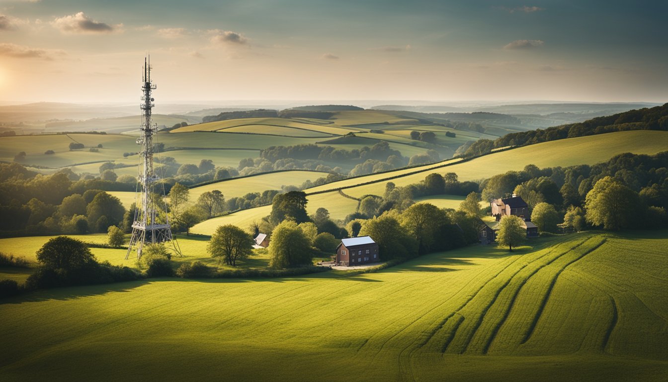 Rural UK landscape with a modern wireless tower providing internet connectivity to remote areas