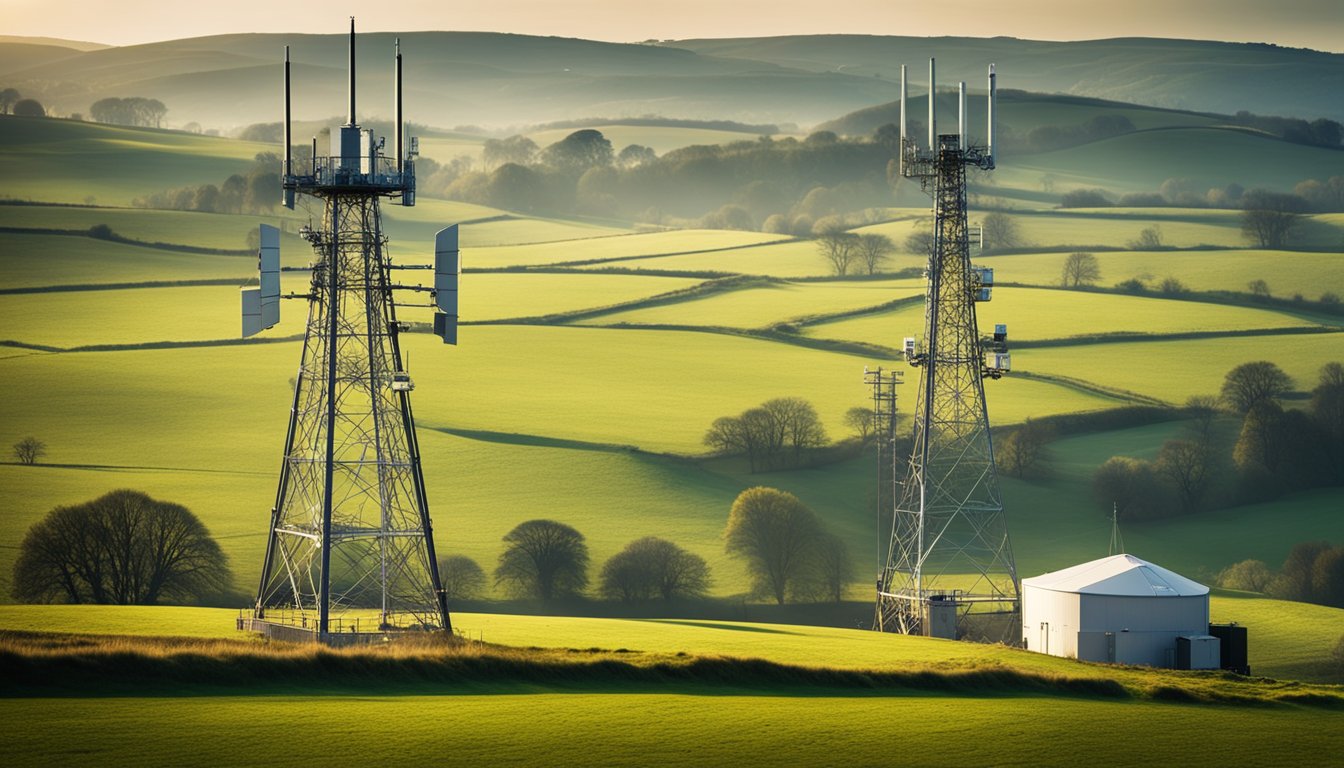 A rural UK landscape with next-gen wireless towers and providers' logos