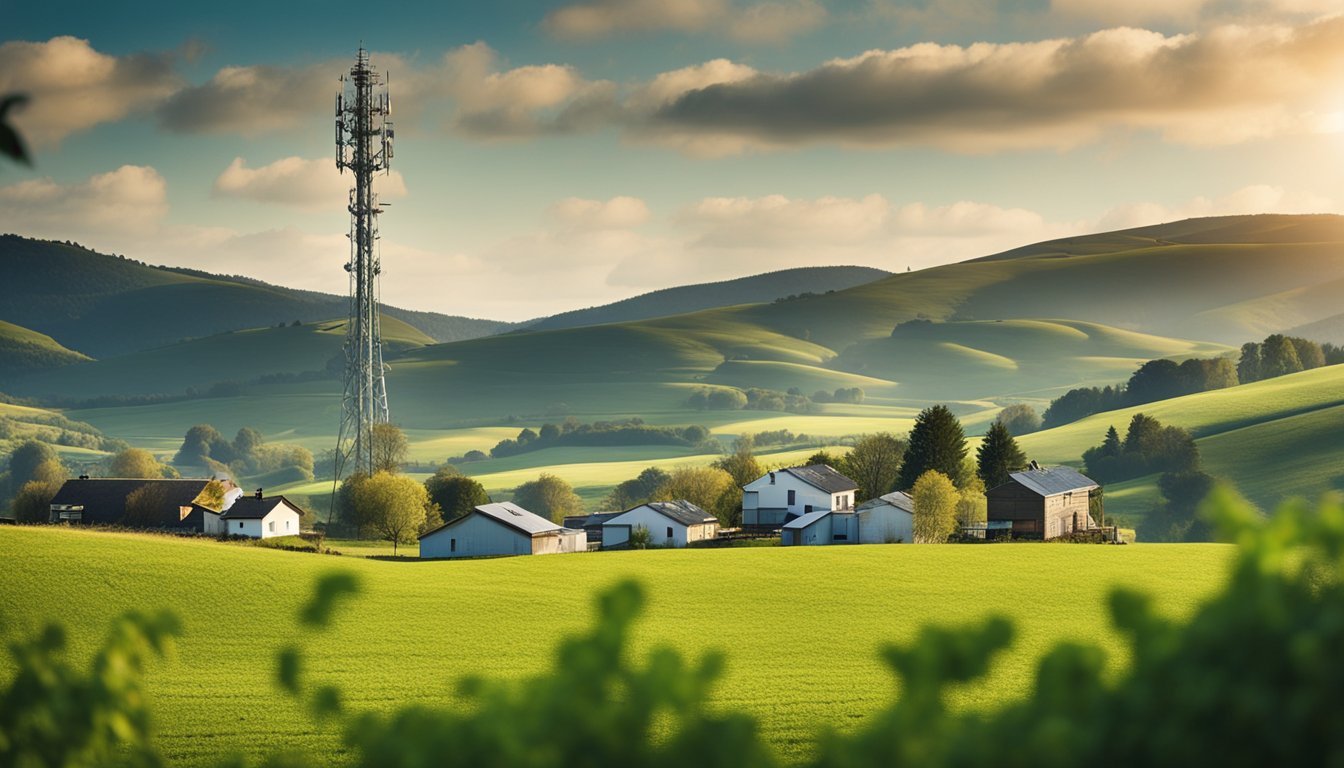 A rural landscape with a modern wireless tower, surrounded by rolling hills and scattered farmhouses. The tower emits signals, connecting the remote area to high-speed internet