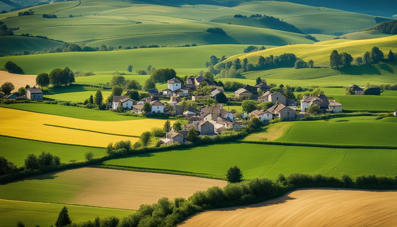 A rural landscape with a mix of farmland and rolling hills, dotted with small villages. A combination of traditional and modern infrastructure, including satellite dishes and fiber optic cables, connects the area