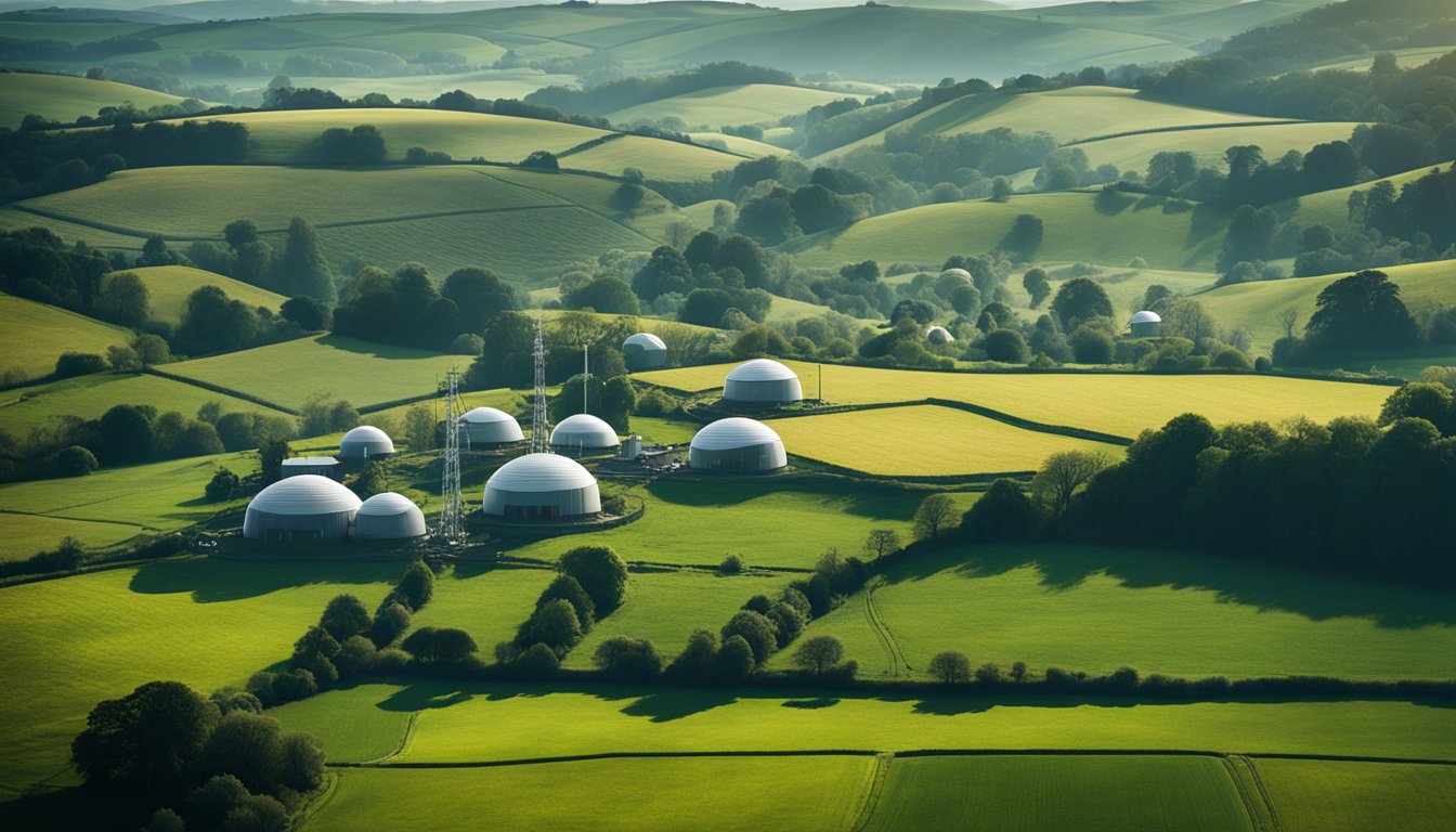 A rural UK landscape with digital infrastructure, such as satellite dishes and fiber optic cables, connecting remote areas. The scene shows innovative strategies for enhancing digital connectivity in the countryside