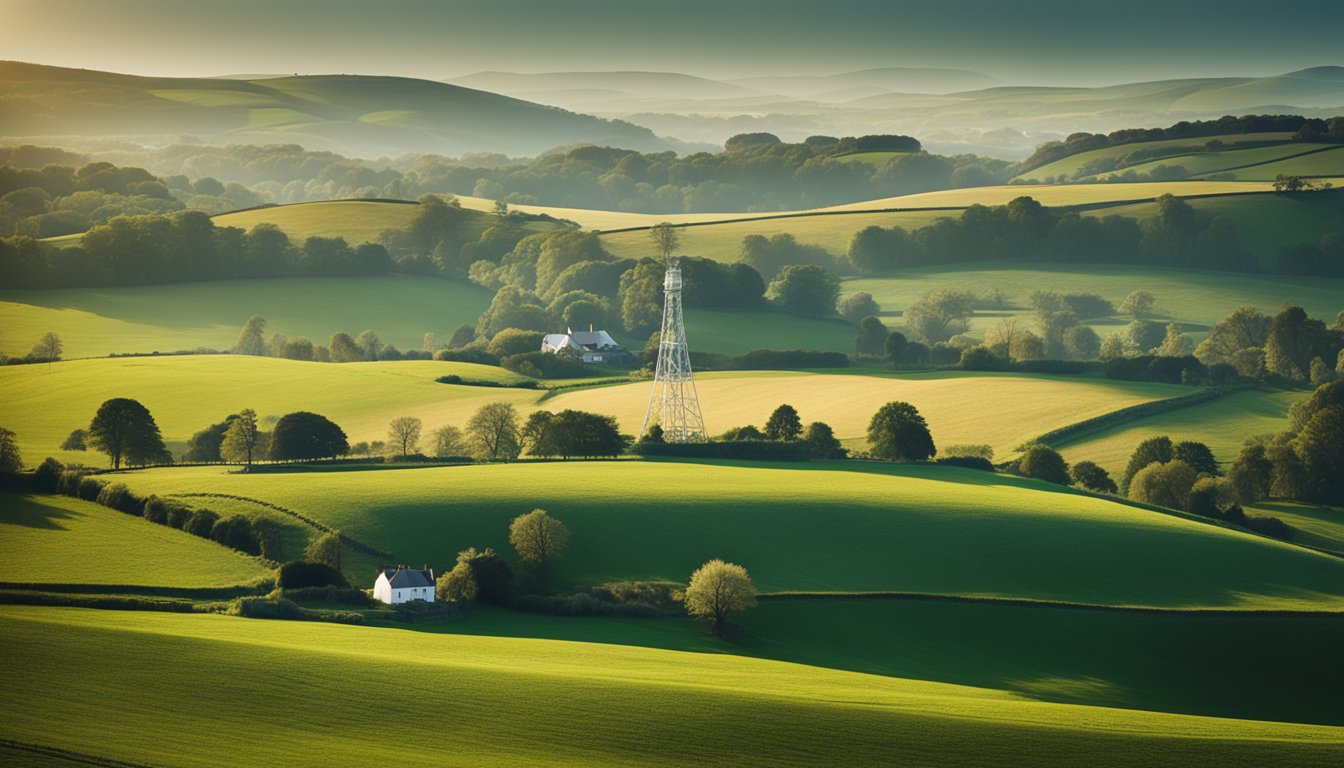 A rural UK landscape with a digital connectivity tower surrounded by rolling hills and farmland