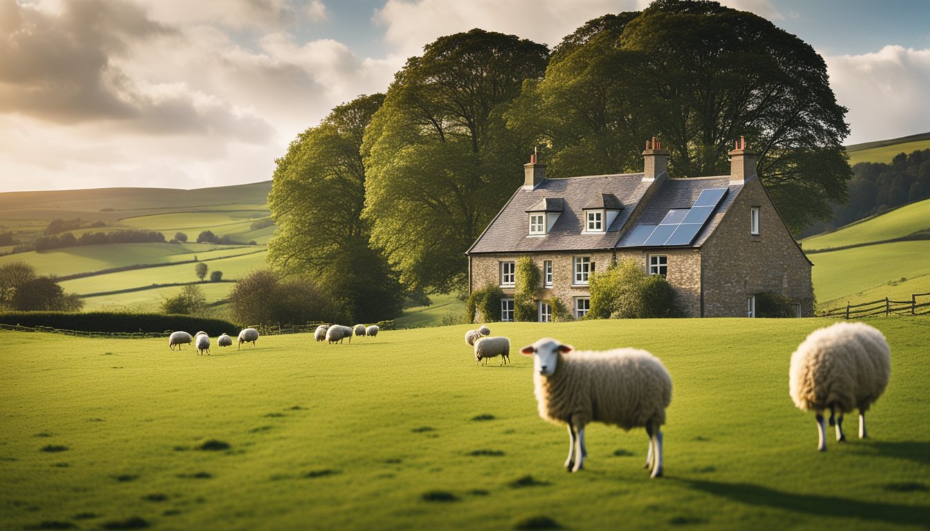 A rural UK house with a satellite dish on the roof, surrounded by rolling green hills and sheep grazing in the distance