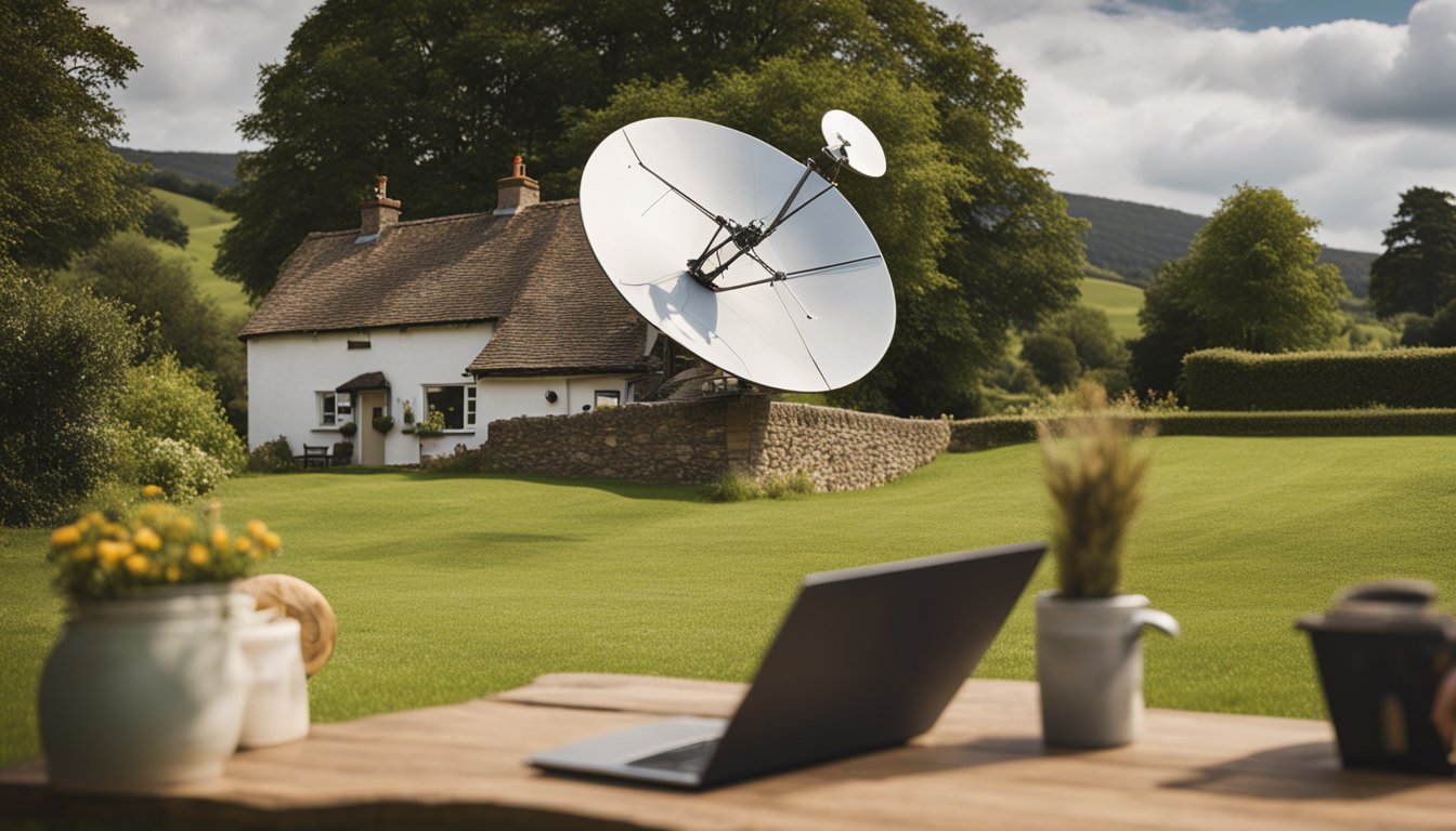 A rural UK landscape with a quaint cottage and a satellite dish. A person is adjusting the dish while another person looks at a laptop with a frustrated expression