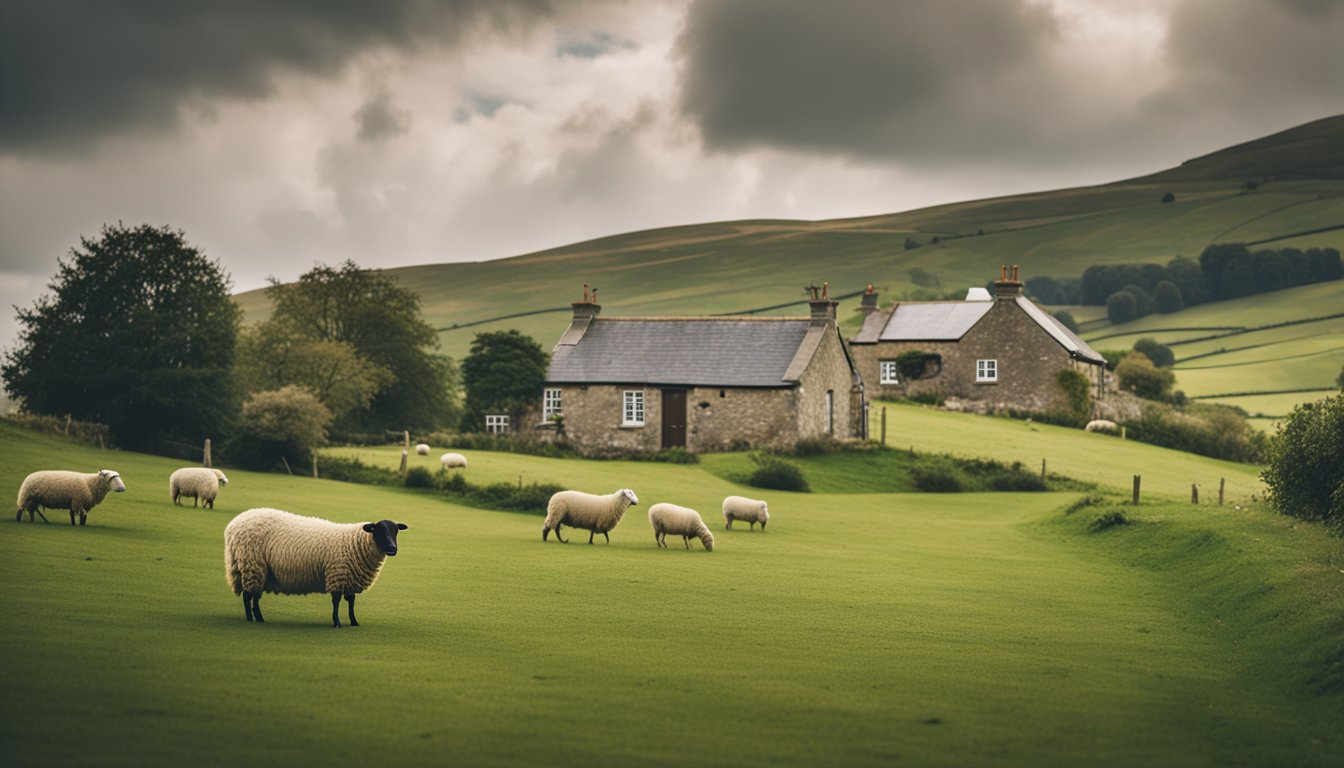 A rural UK landscape with a quaint cottage, rolling green hills, and a satellite dish on the roof. The sky is overcast, and there are sheep grazing in the distance