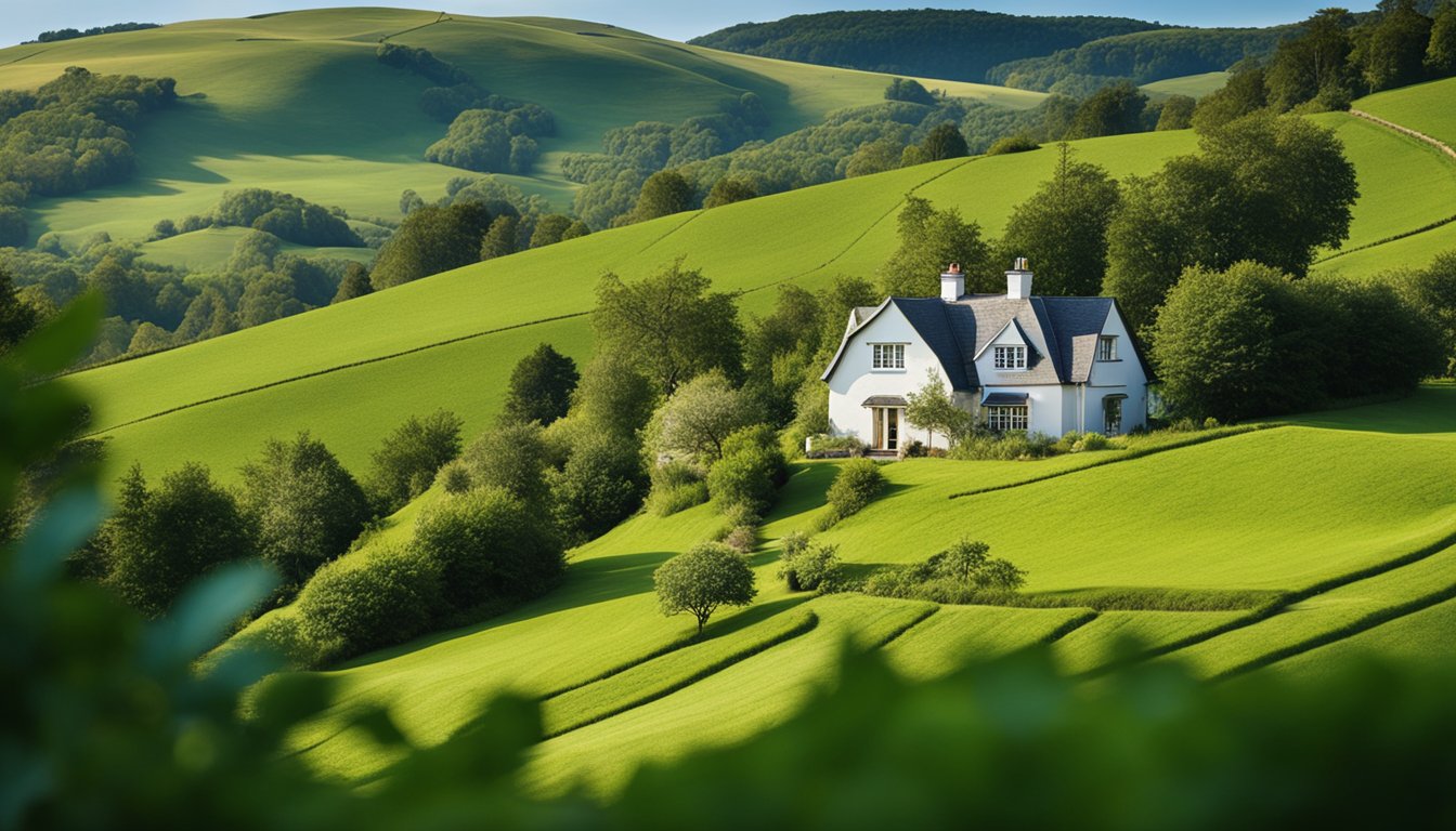 A quaint countryside cottage with a satellite dish on the roof, surrounded by rolling green hills and a clear blue sky