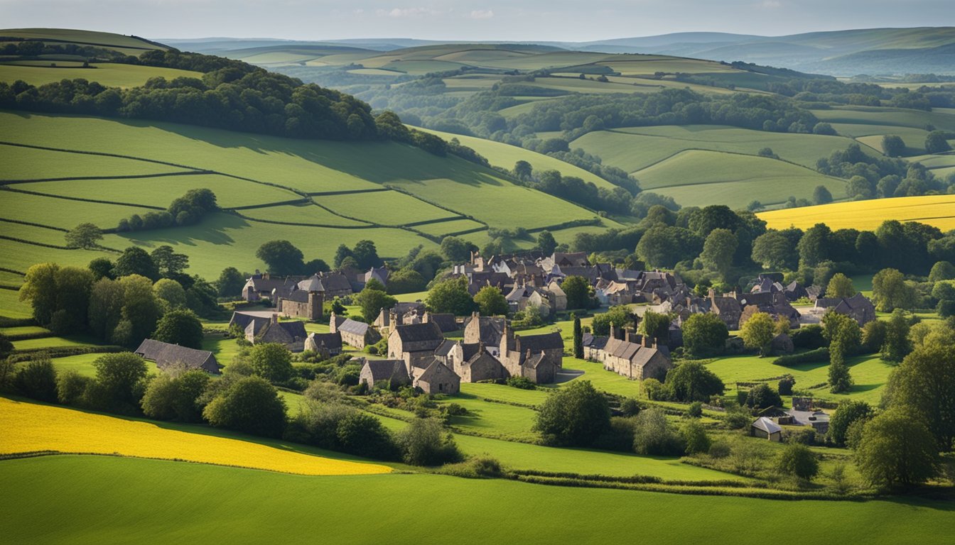 A rural landscape with a village utilizing government schemes and community projects to access cost-saving internet options in the UK