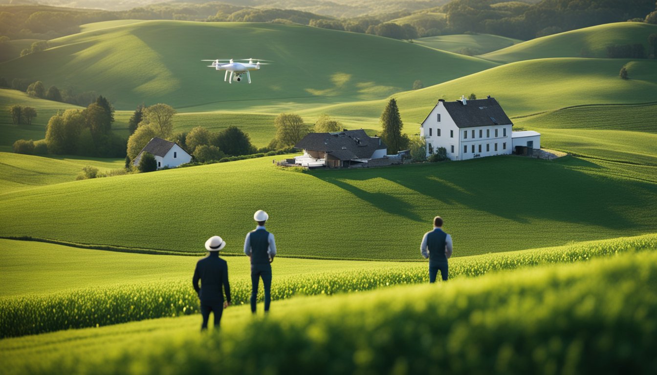 Rolling green hills with scattered farmhouses, all connected by high-speed internet towers. A farmer checks data on his tablet while a drone surveys the fields