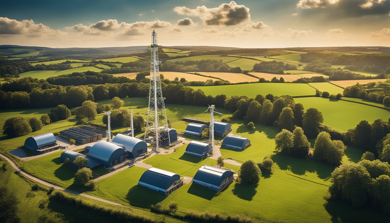 Vibrant rural landscape with modern infrastructure, high-speed internet towers, and connected smart devices in UK countryside