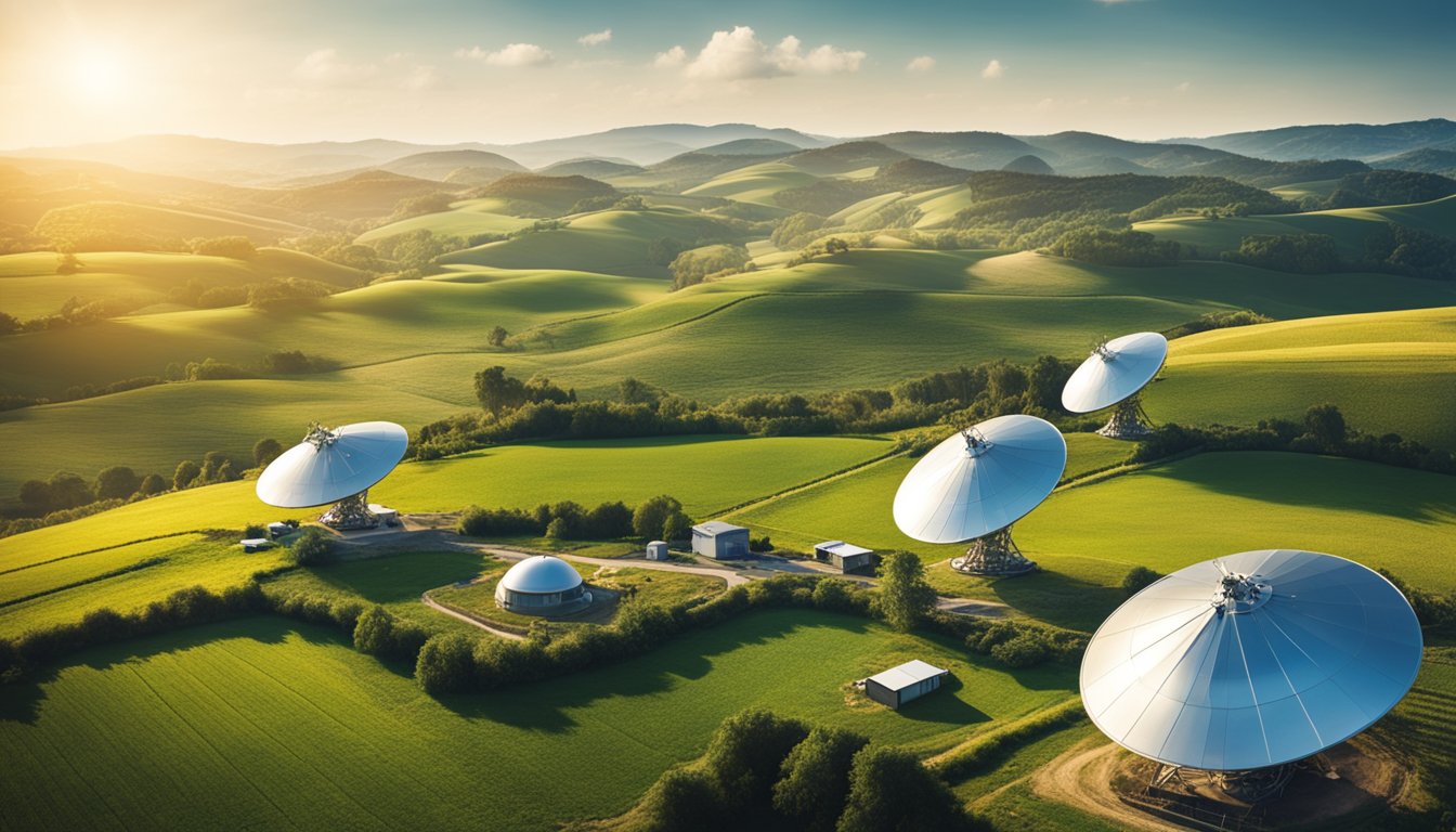 A rural landscape with modern digital infrastructure, including satellite dishes and high-speed internet towers, surrounded by rolling hills and farmland