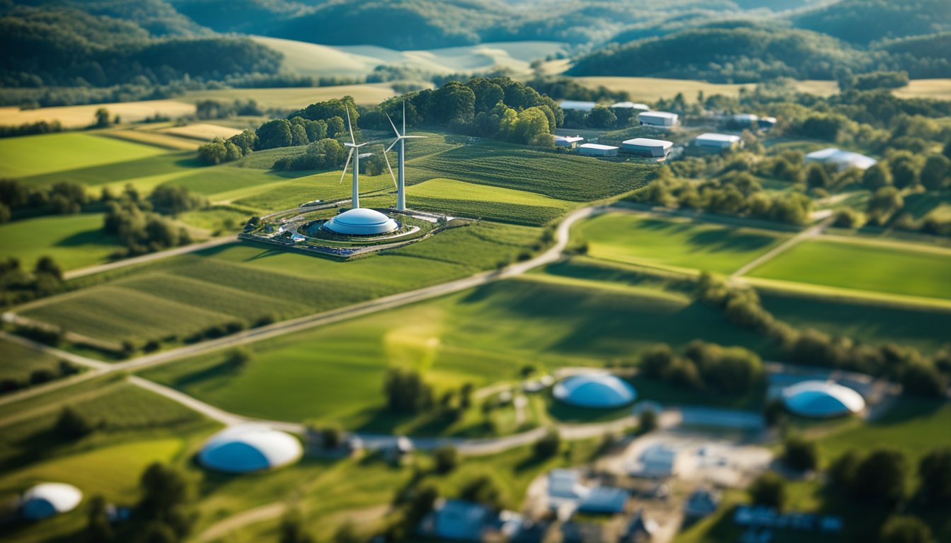 Vibrant rural landscape with diverse tech infrastructure and community engagement. Digital hubs, high-speed internet, and educational initiatives