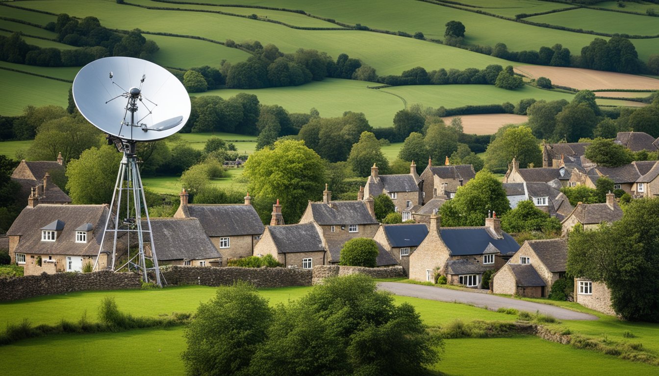 A rural UK village with poor internet signal, but with a new satellite dish providing high-speed internet to the area