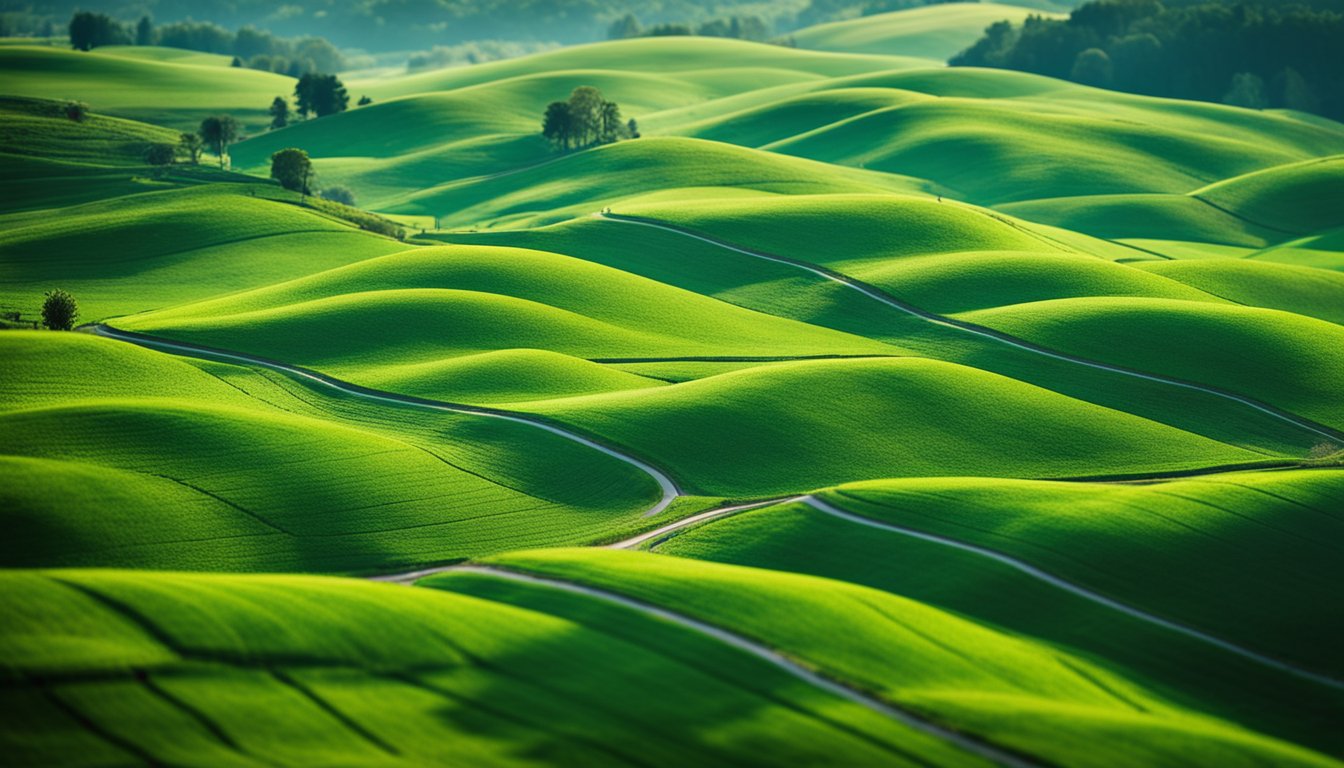 A rolling green countryside dotted with small villages. Modern fiber optic cables stretch across the landscape, connecting remote areas to high-speed internet